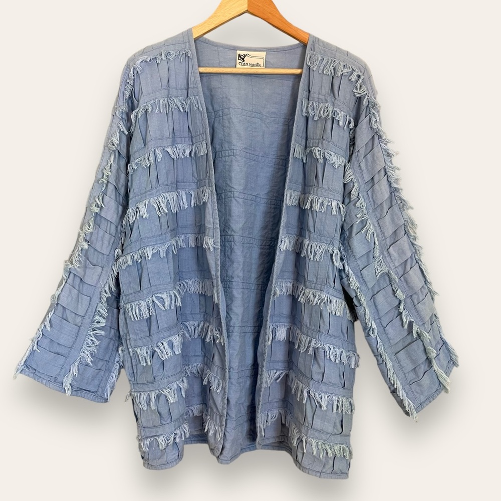 Yak Magik Jacket Fringe Open Front Eclectic‎ Frayed Stripes Blue Hippie Boho